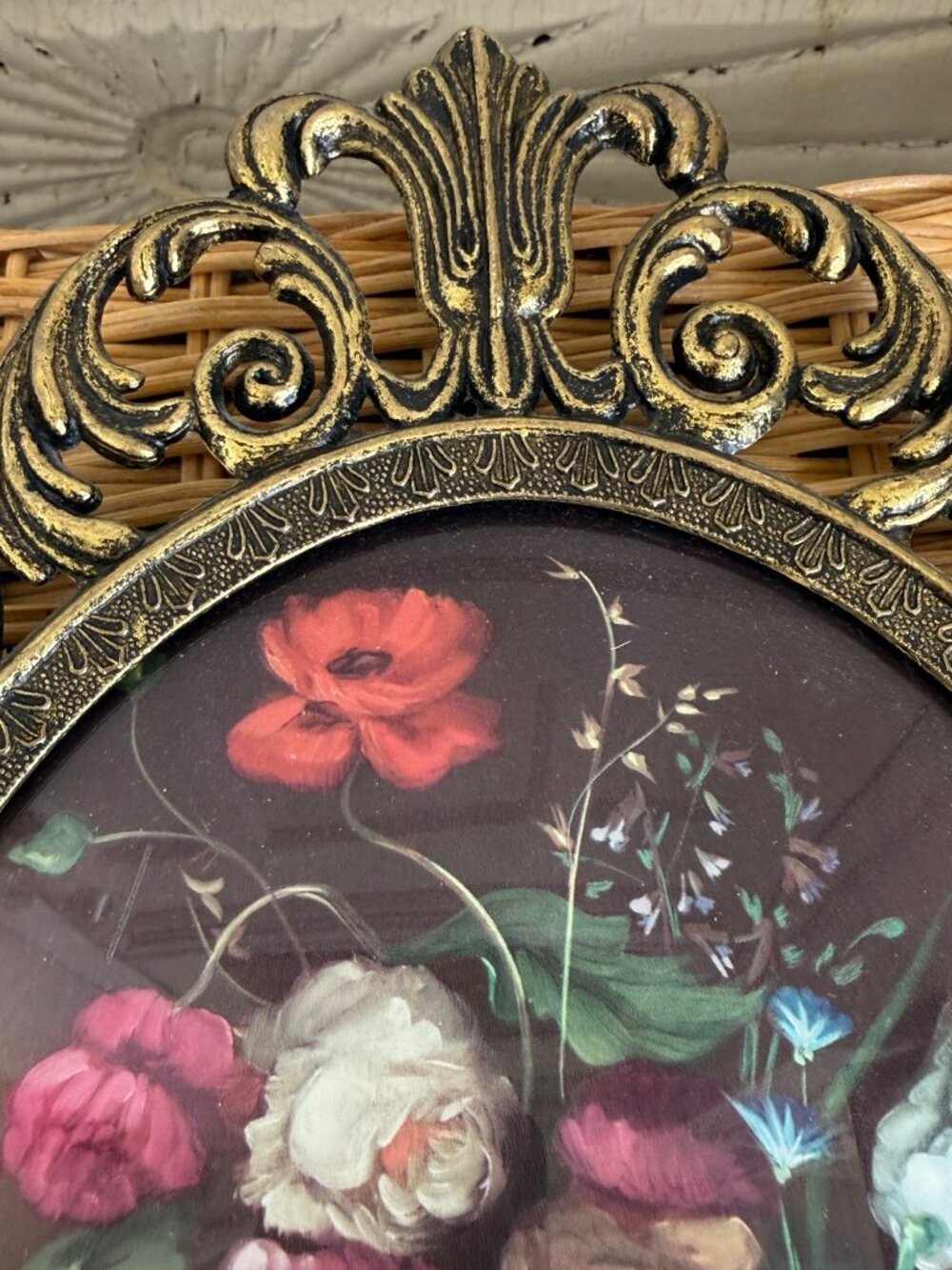 Vintage 1960s Italian Metal Frame Convex Glass Floral Bouquet Print 13x10" - Picture 9 of 11